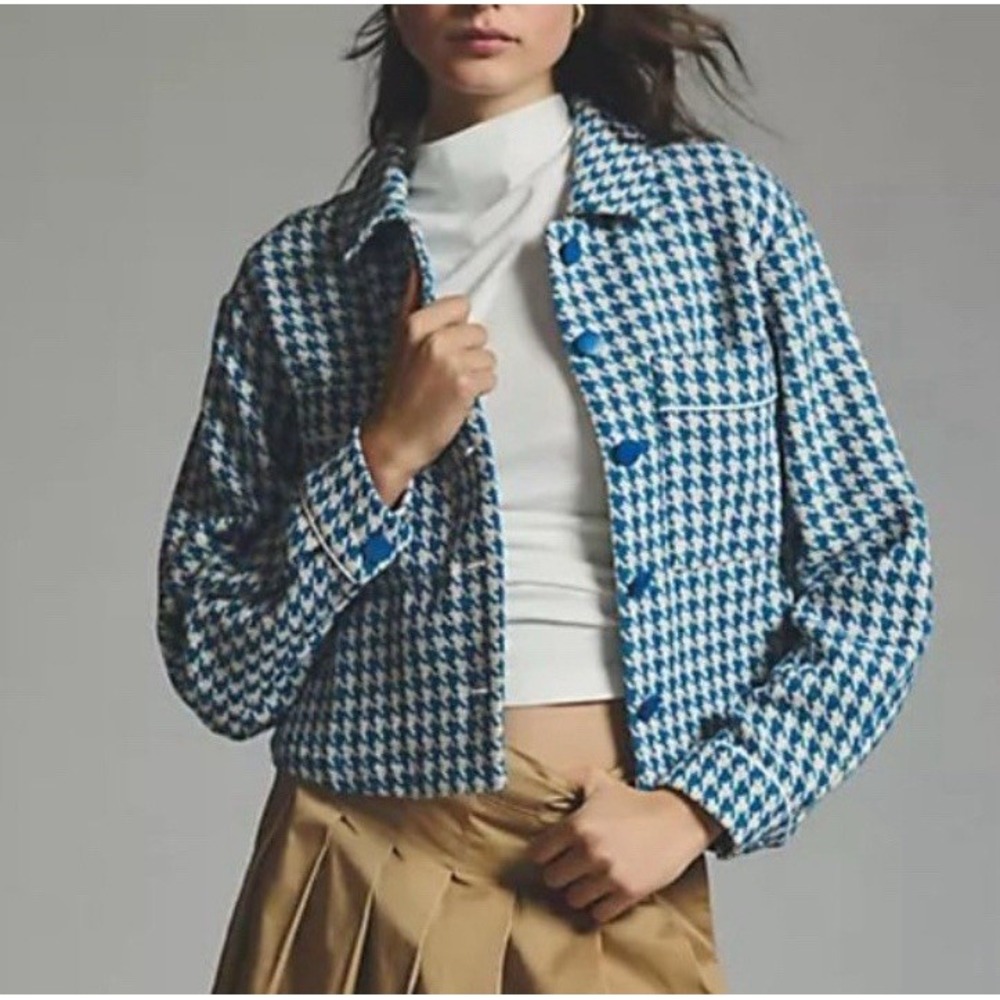ANTHROPOLOGIE Dolan Houndstooth Blue Ivory Jacket Blazer Coat Sz S